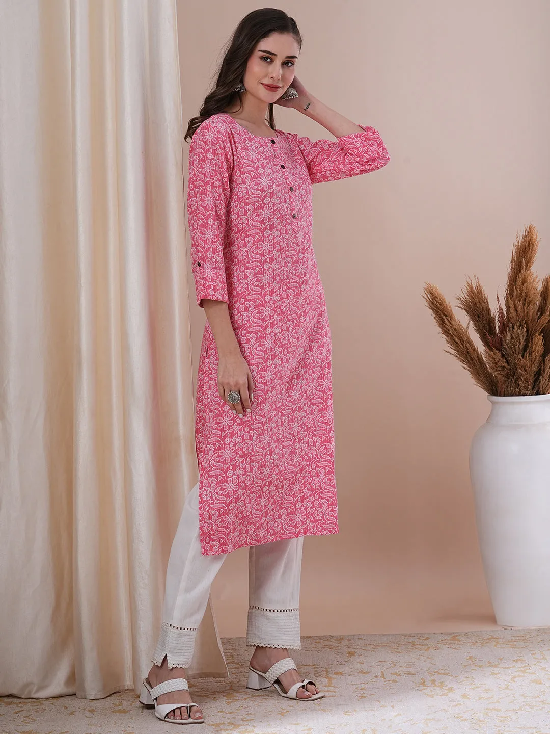 Ethnic Floral Printed Straight Fit Kurta - Pink