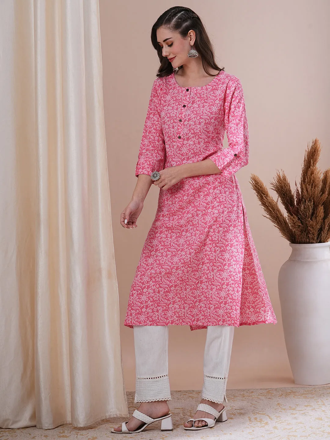 Ethnic Floral Printed Straight Fit Kurta - Pink