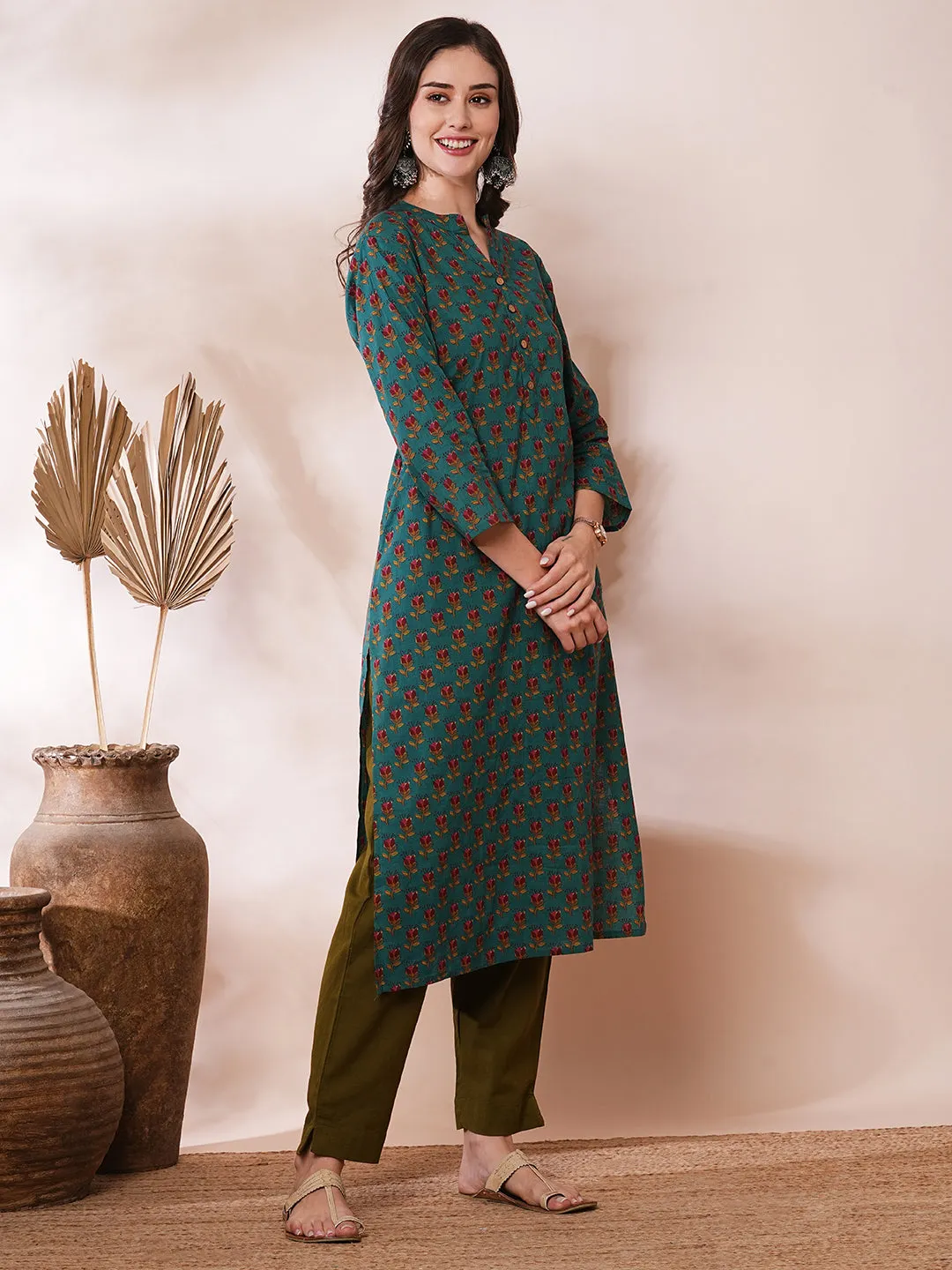 Ethnic Floral Printed Straight Fit Kurta - Sea Green