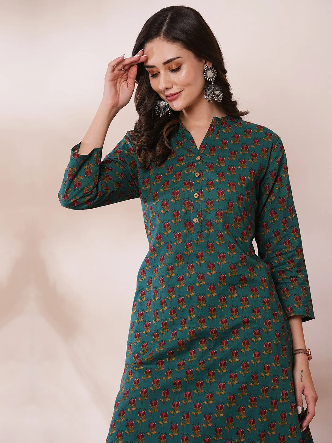 Ethnic Floral Printed Straight Fit Kurta - Sea Green