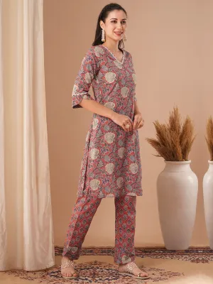 Ethnic Floral Printed Straight Fit Kurta with Palazzo - Coral