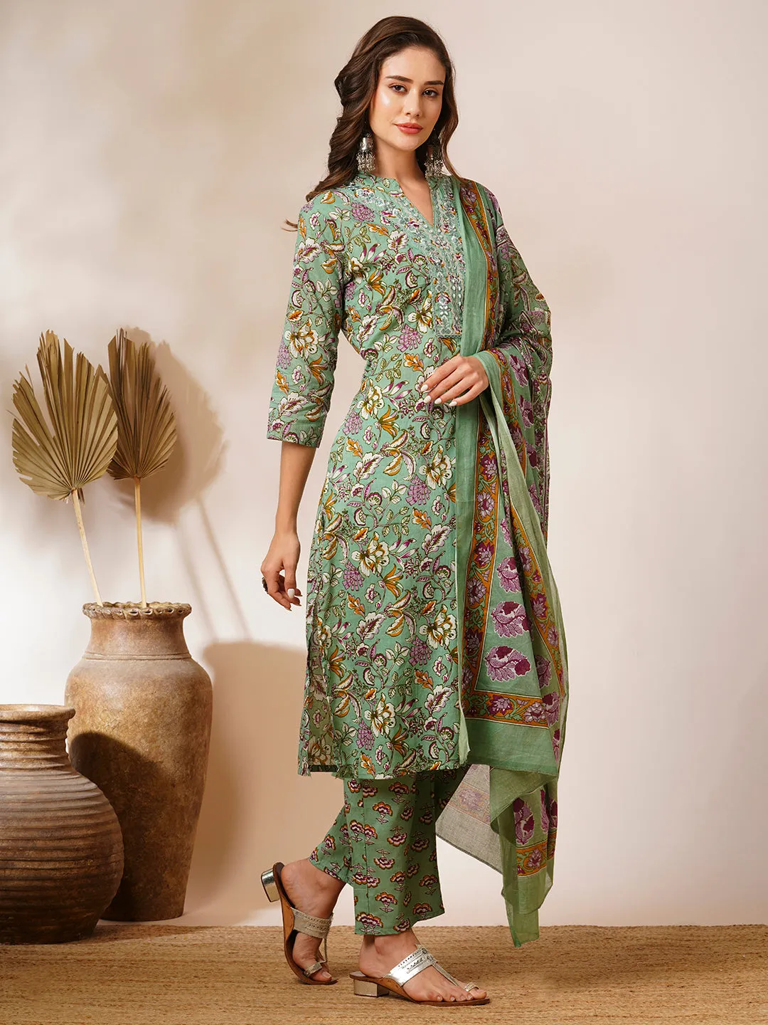 Ethnic Floral Printed Straight Fit Kurta with Pant & Dupatta - Pastel Green