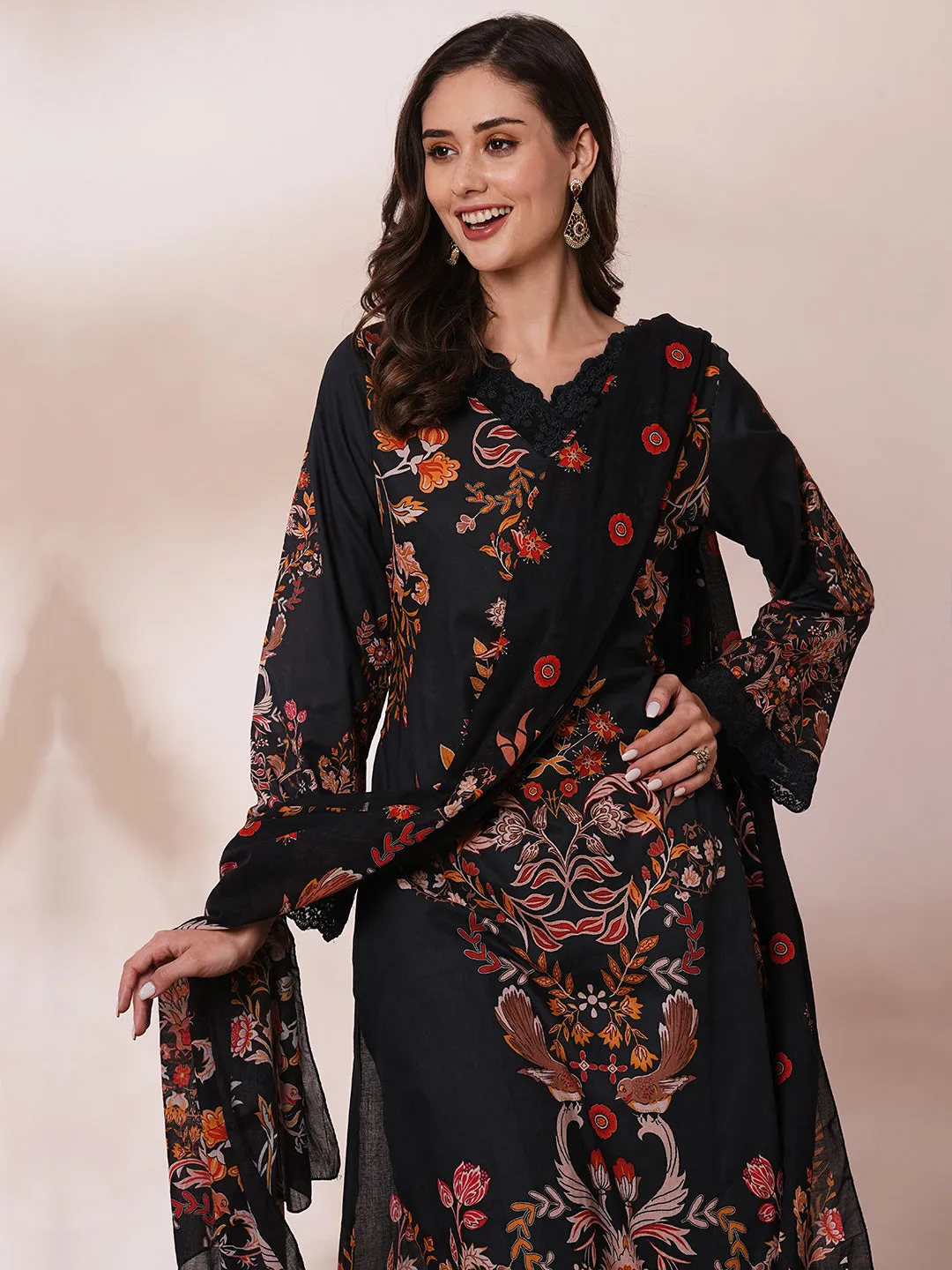 Ethnic Floral Printed Straight Fit Kurta with Pant and Dupatta - Black