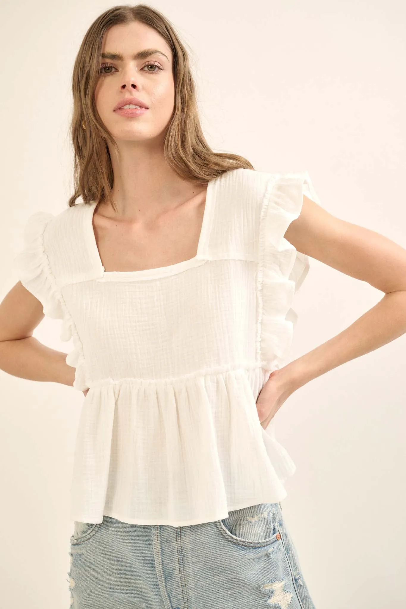 Flirty Flutter Ruffled Crinkle Cotton Babydoll Top