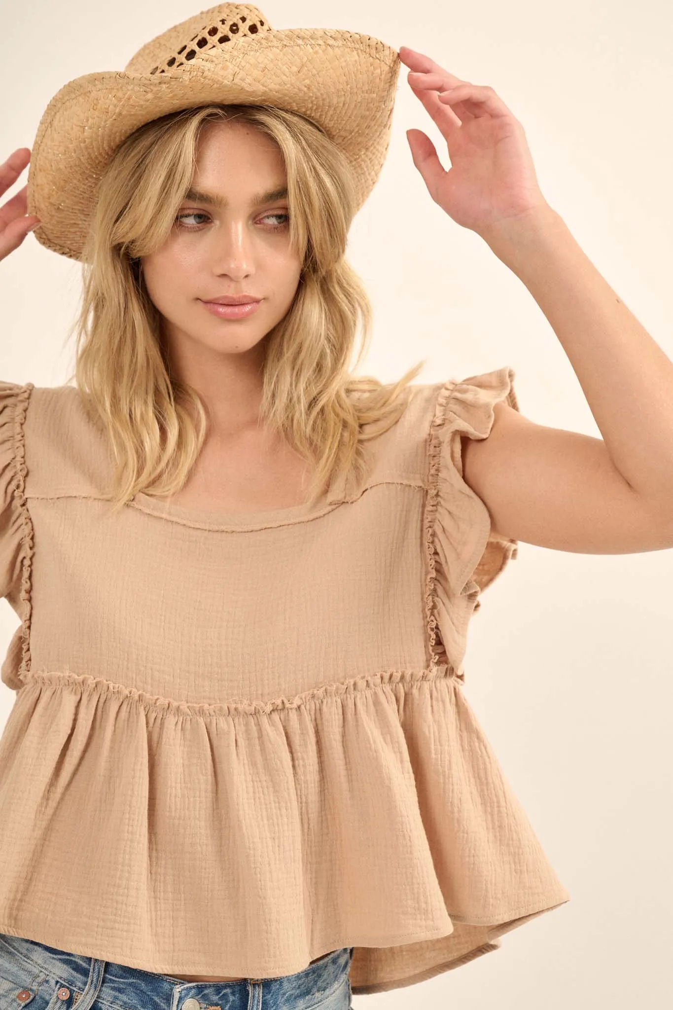 Flirty Flutter Ruffled Crinkle Cotton Babydoll Top