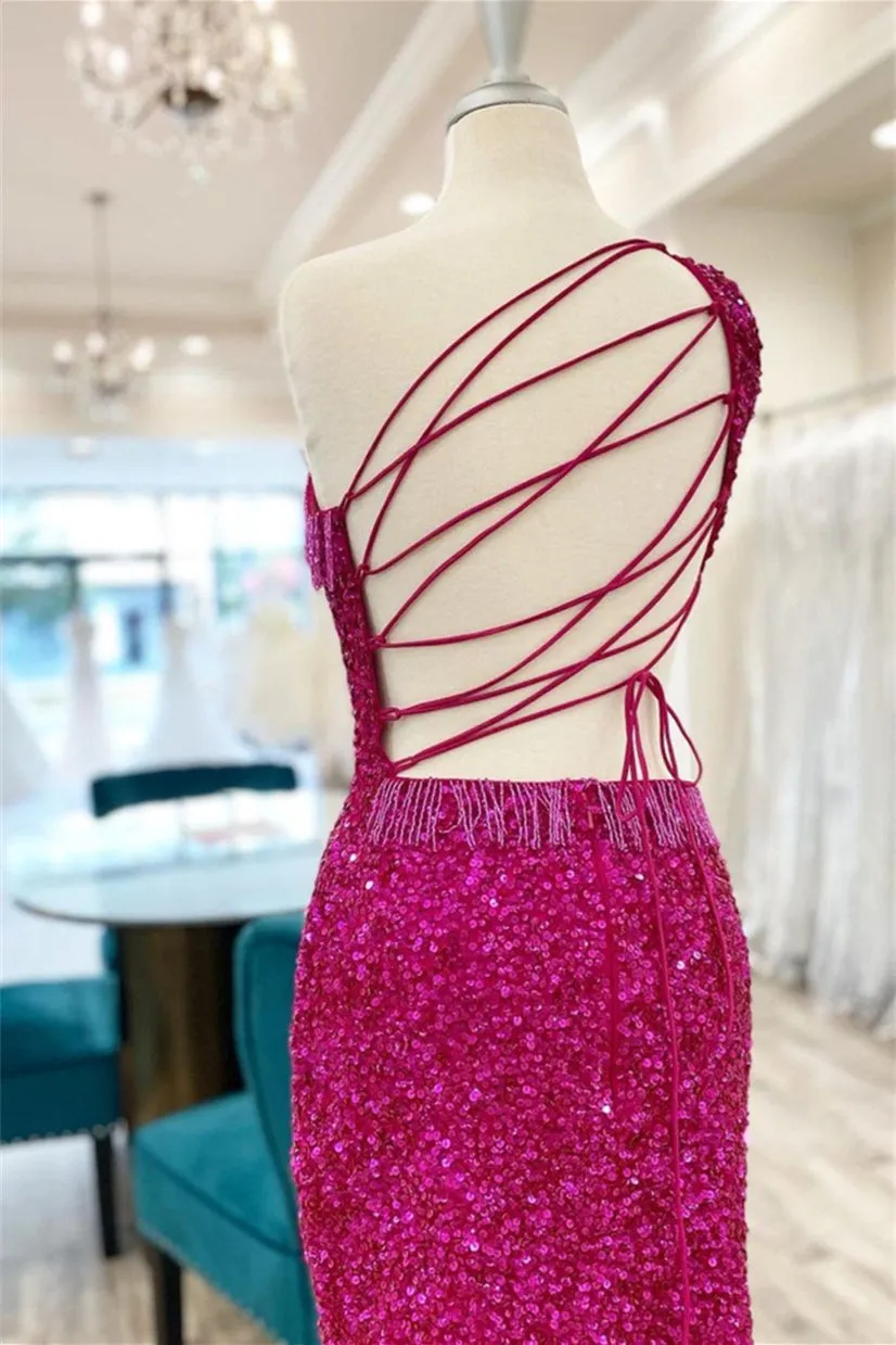 Fuchsia One Shoulder Homecoming Dress Lace-Up Sequins Homecoming Dresses with Tassels