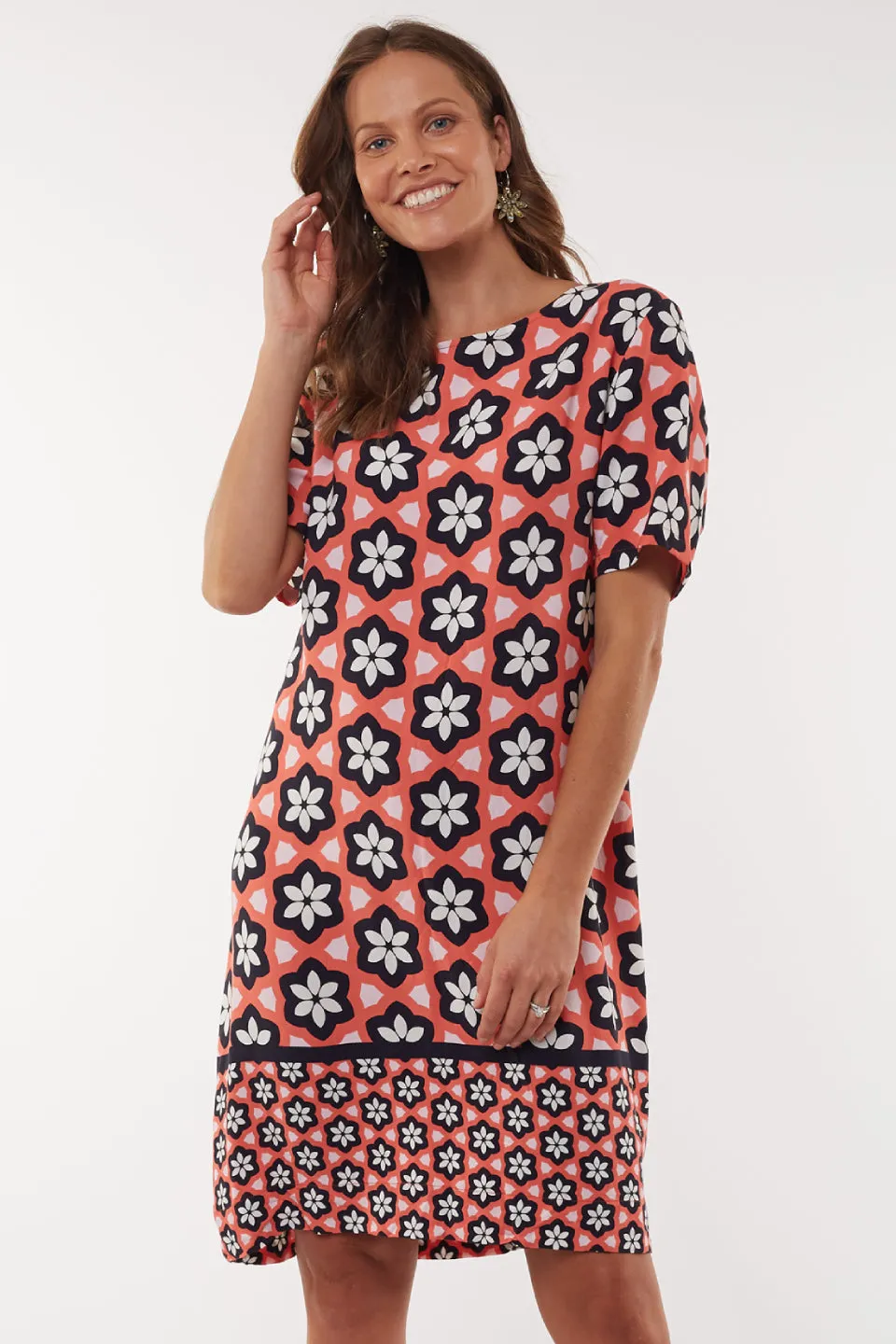 Geo Floral Orange Print Shift Dress