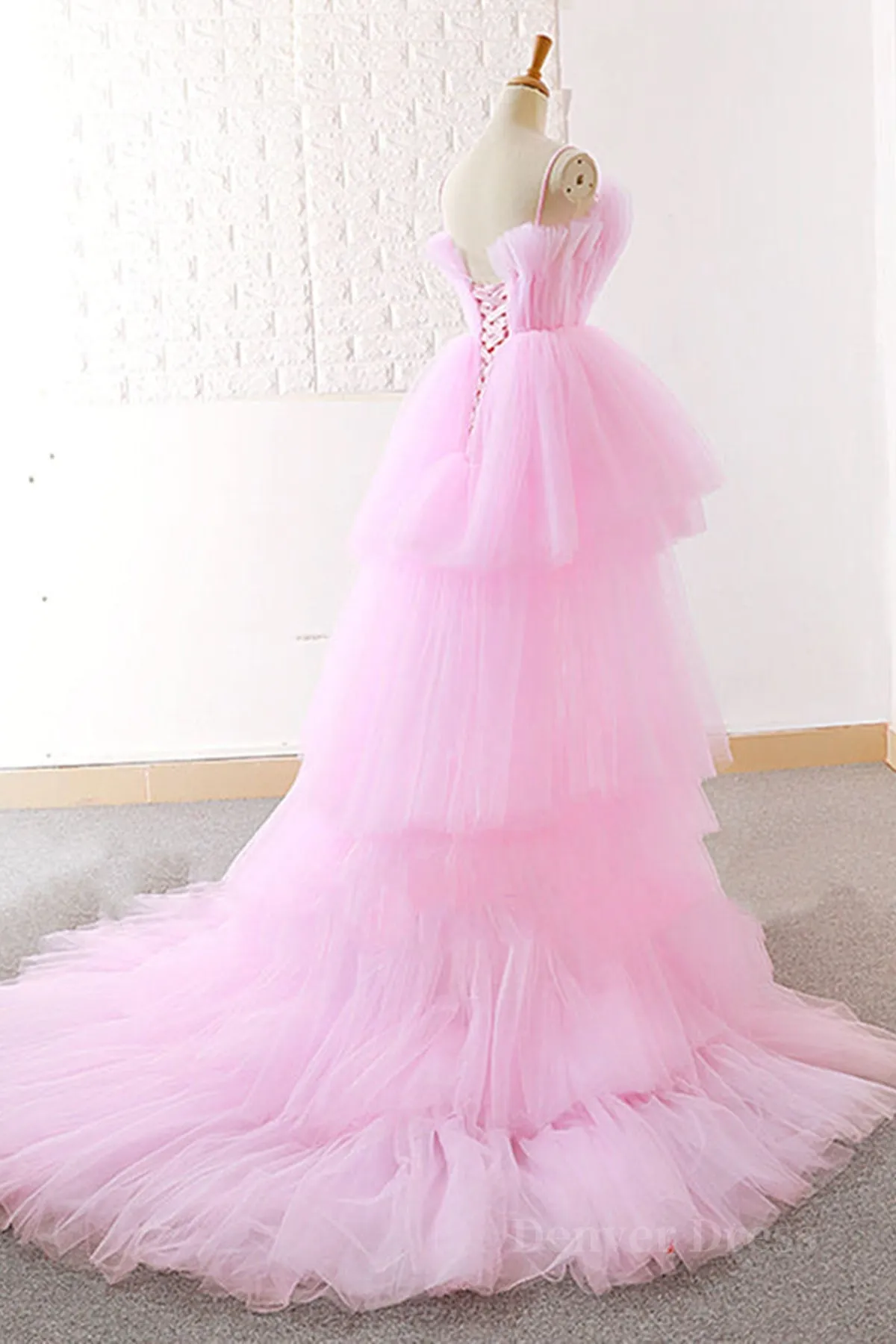 Gorgeous High Low Pink Tulle Long Prom Dresses Pink Tulle Formal Graduation Evening Dresses