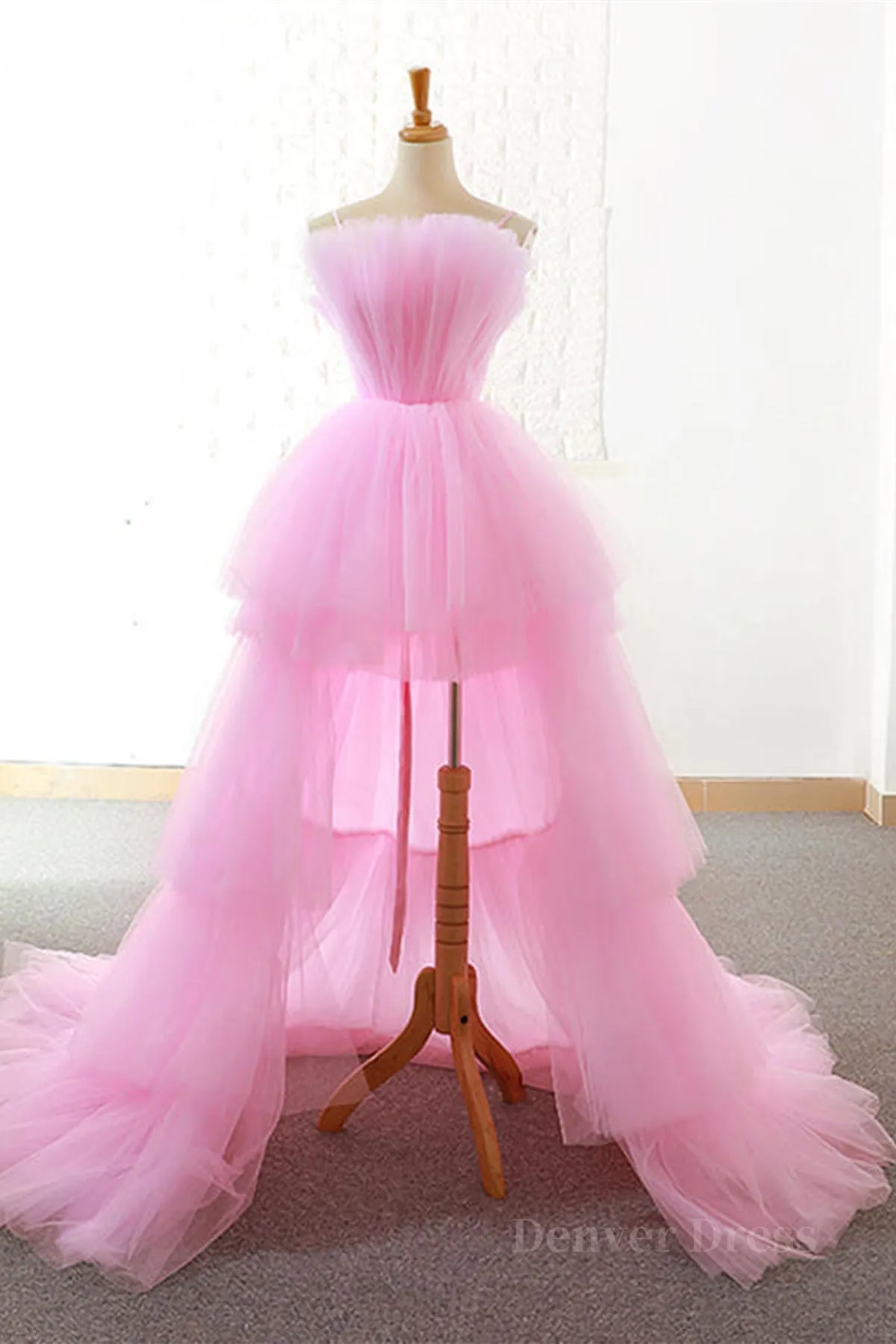 Gorgeous High Low Pink Tulle Long Prom Dresses Pink Tulle Formal Graduation Evening Dresses