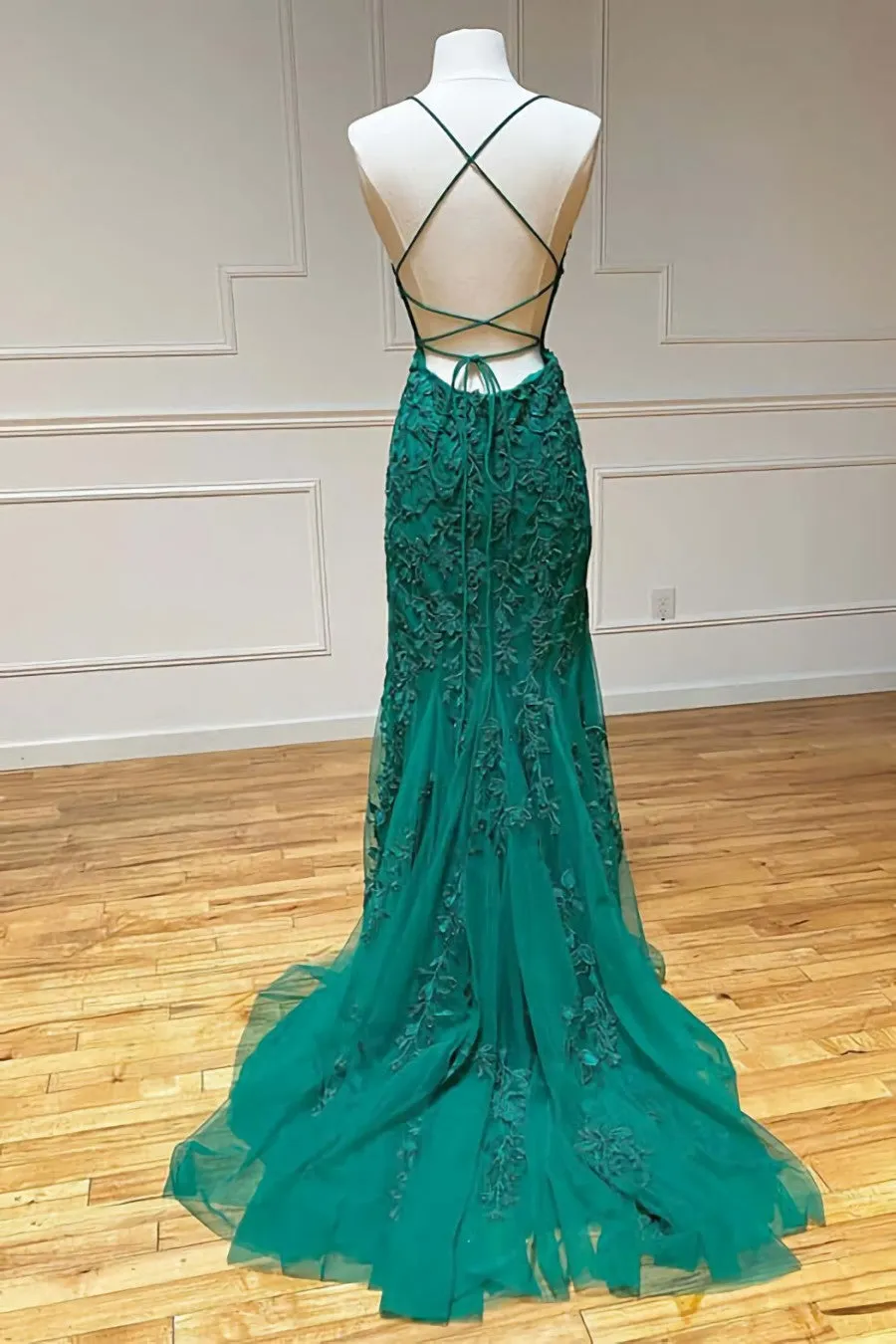 Green Lace Mermaid Backless Spaghetti Straps Prom Dresses Evening Gown,maxi dresses