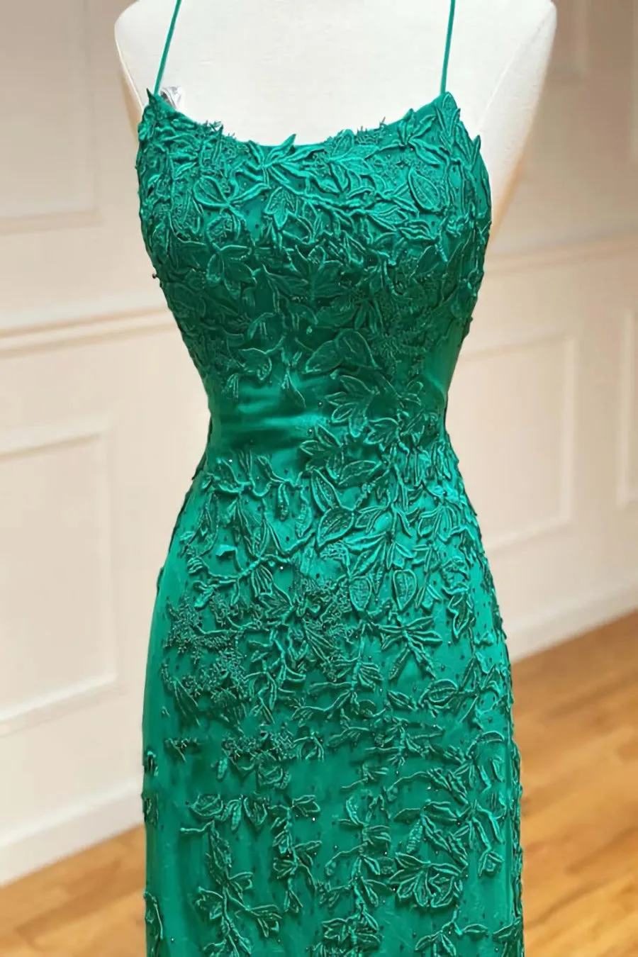 Green Lace Mermaid Backless Spaghetti Straps Prom Dresses Evening Gown,maxi dresses