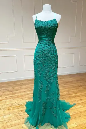 Green Lace Mermaid Backless Spaghetti Straps Prom Dresses Evening Gown,maxi dresses