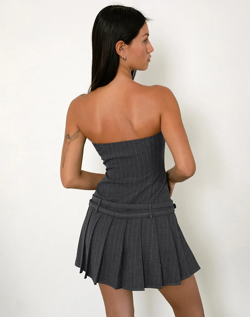 Haika Double Belt Mini Dress in Charcoal with White Stripe