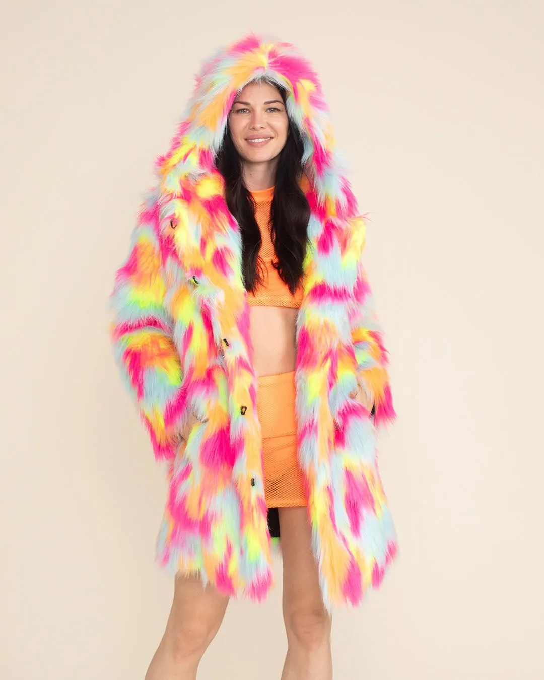 Hooded Women's Faux Fur Coat | Neon Calico Kitty