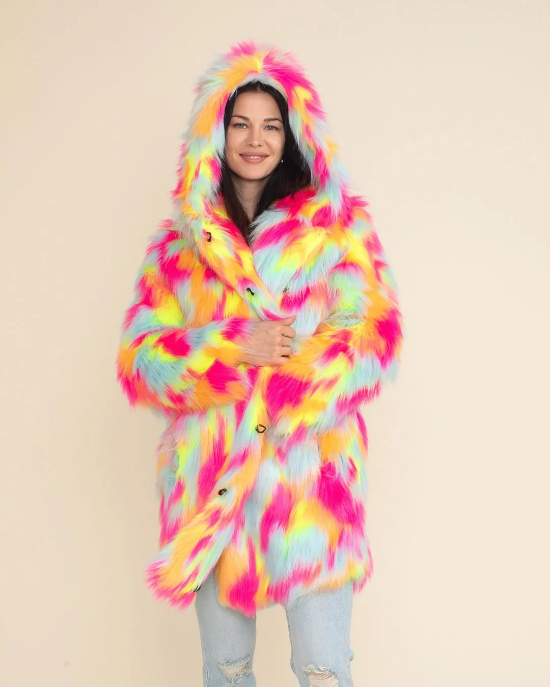 Hooded Women's Faux Fur Coat | Neon Calico Kitty