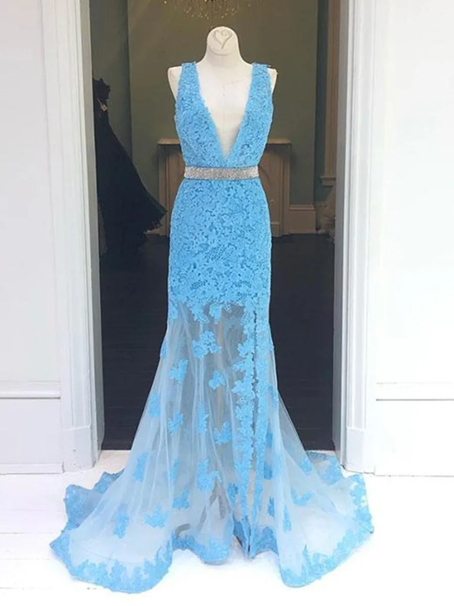 Light Blue V Neck Mermaid Lace Applique Long Prom Dresses Lace Blue Formal Dresses Evening Dresses