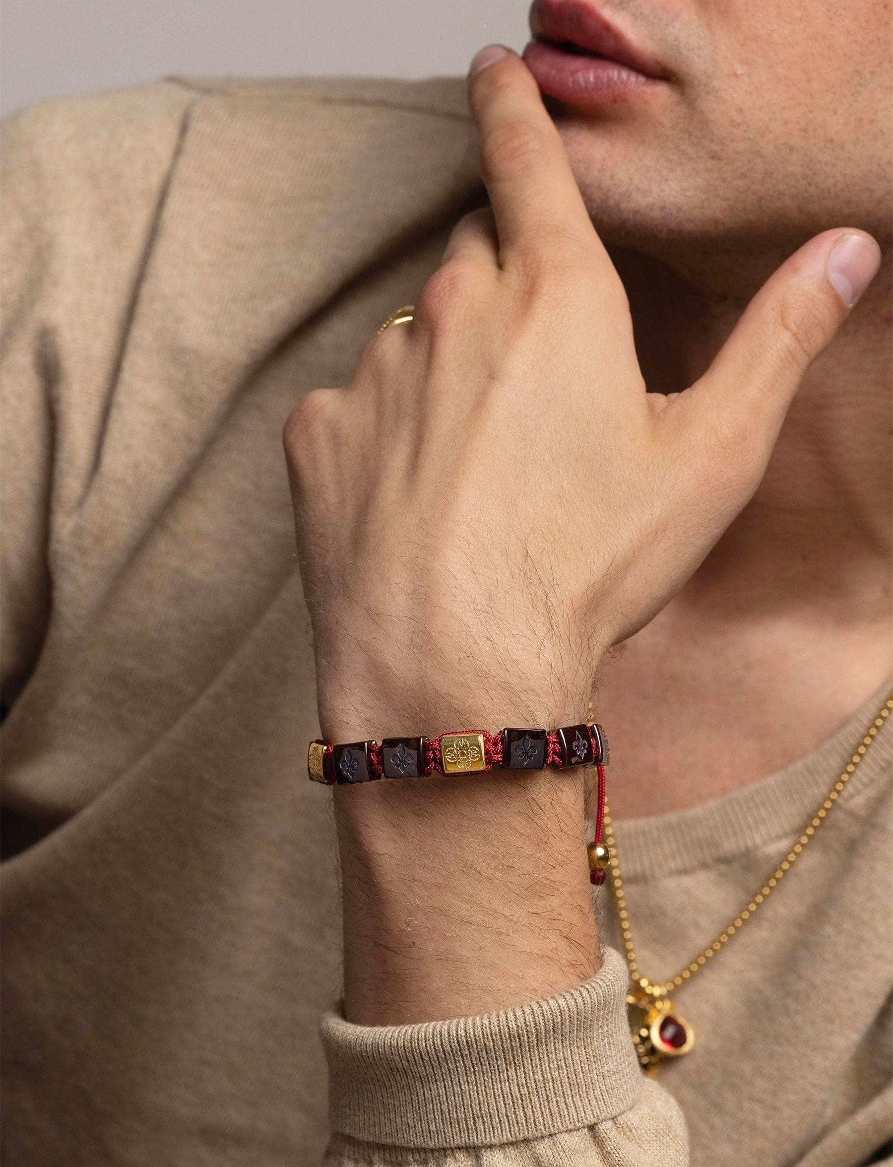 Men's Ceramic Flatbead Bracelet in Dark Red and Gold