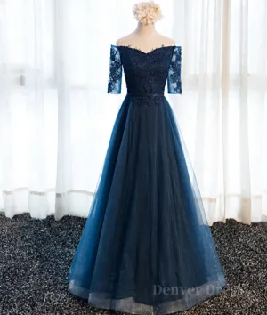 Navy Blue Half Sleeves Lace Long Prom Dresses Navy Blue Lace Formal Dresses