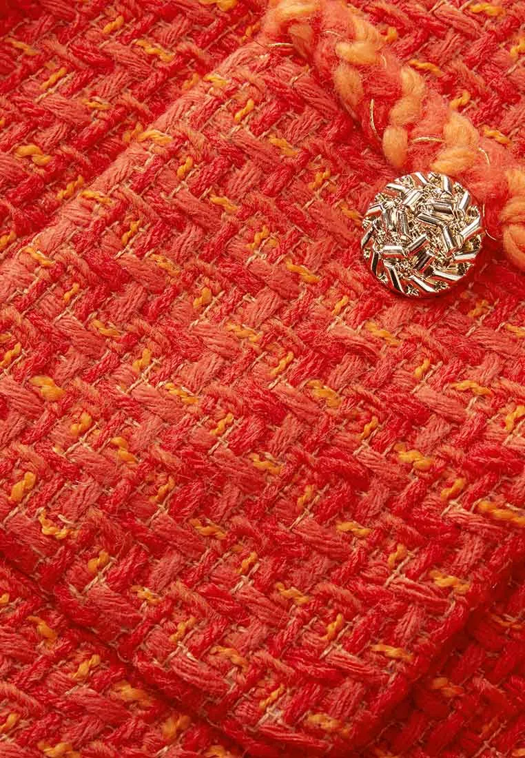 Orange Golden Button Embellished Tweed Jacket