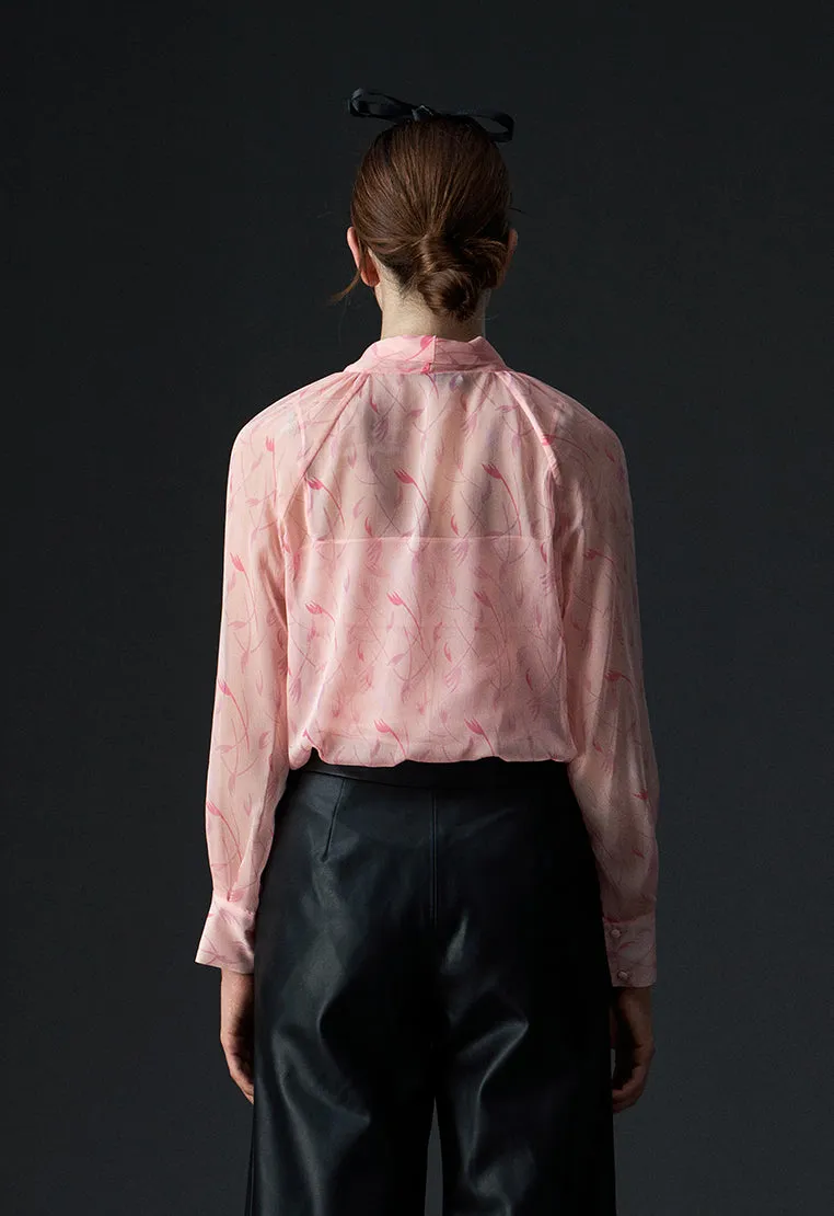 Peach Pussy-bow Sage Pattern Chiffon Blouse