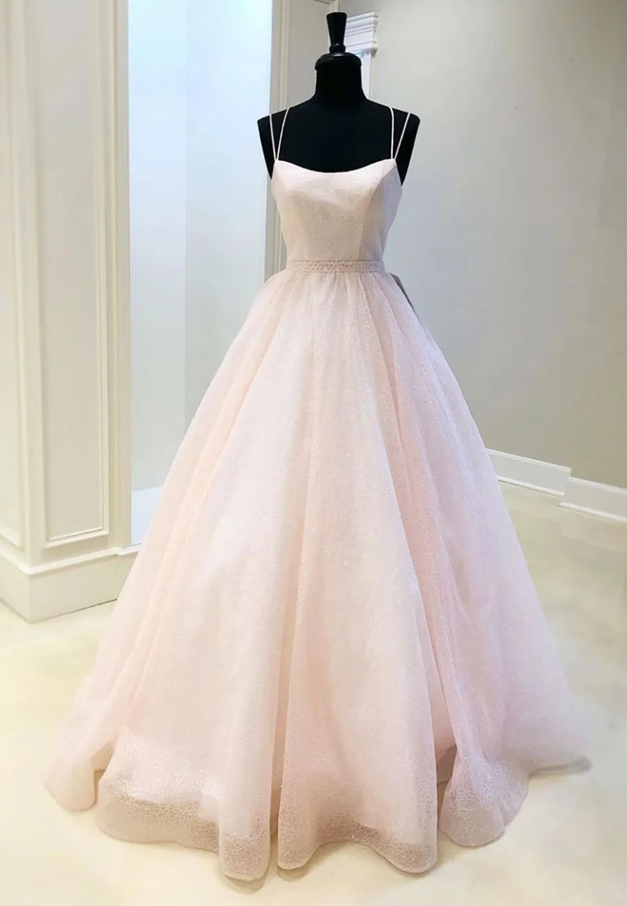 Pink Tulle Long A-Line Prom Dresses Pink Formal Graduation Dresses