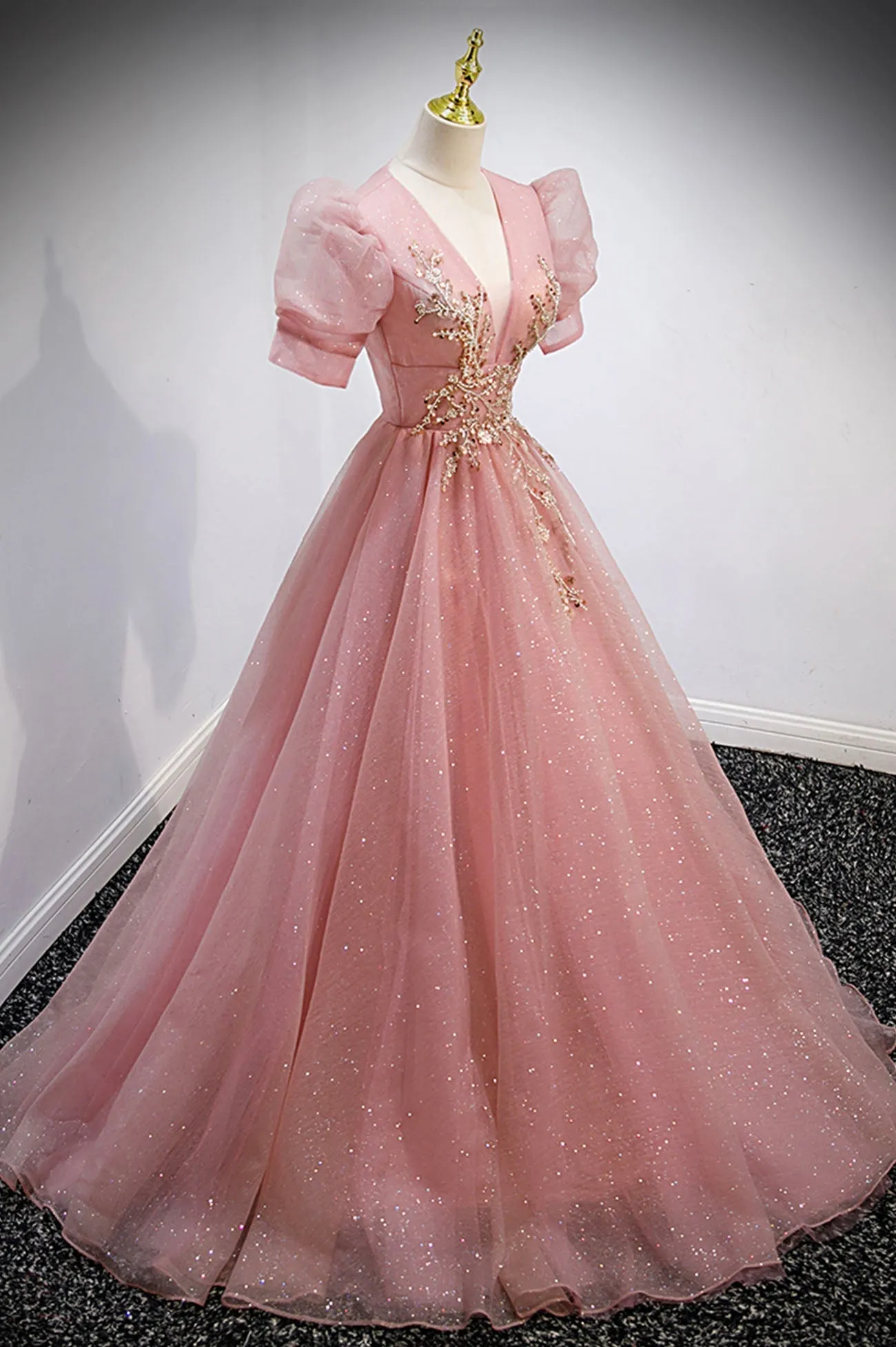 Pink V-Neck Tulle Long Prom Dresses A-Line Short Sleeve Evening Dresses