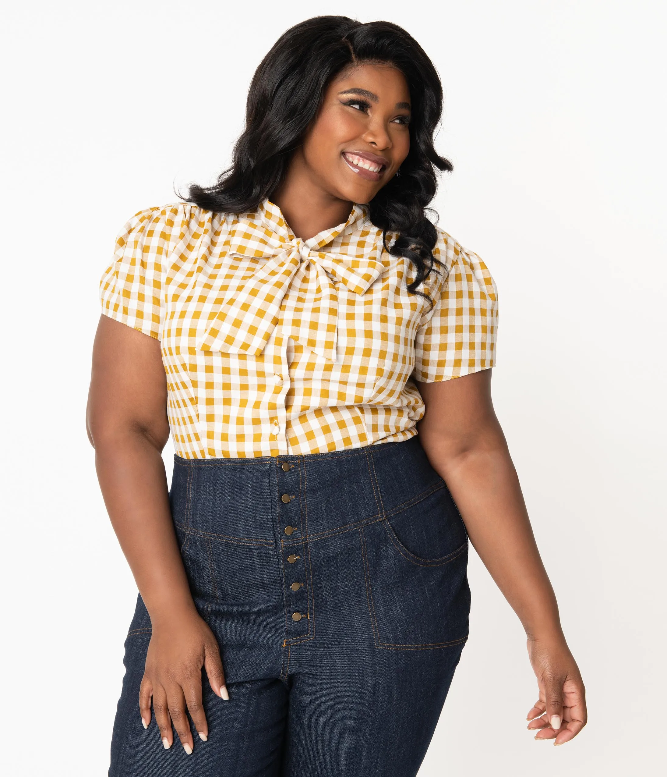 Plus Size Mustard & White Gingham Bow Blouse