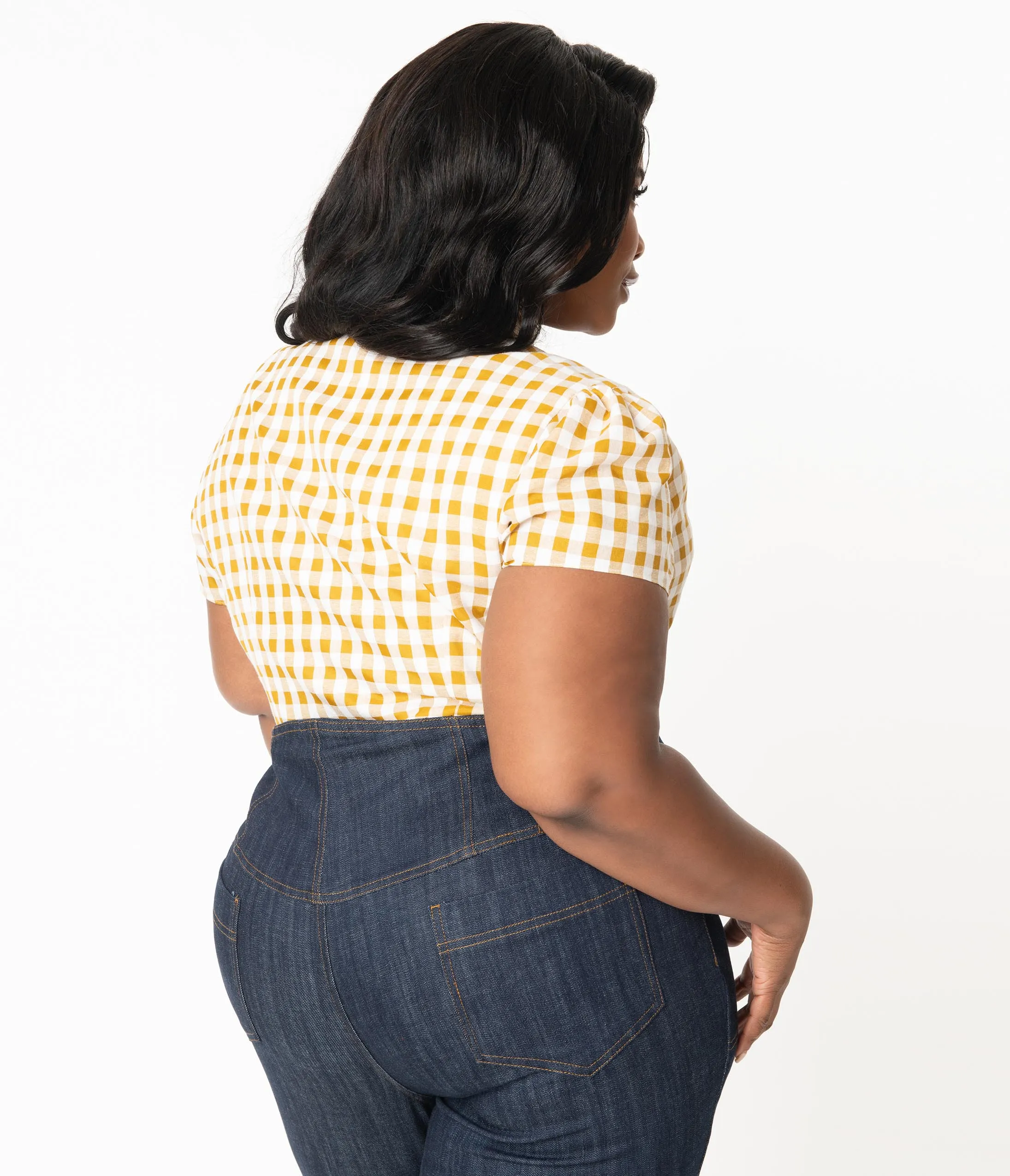 Plus Size Mustard & White Gingham Bow Blouse