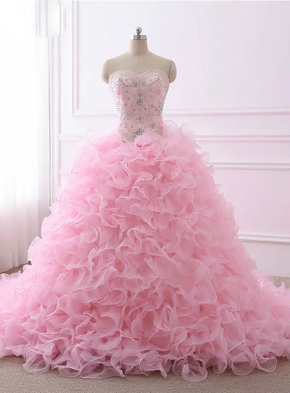 Quinceanera Dresses Ball Gown Sweetheart Organza Crystals Beaded Ruffles Pink