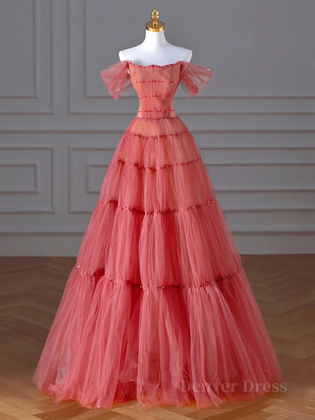 Red Aline Tulle Long Prom Dresses Red Tulle Formal Graduation Dresses With Beading Sequin