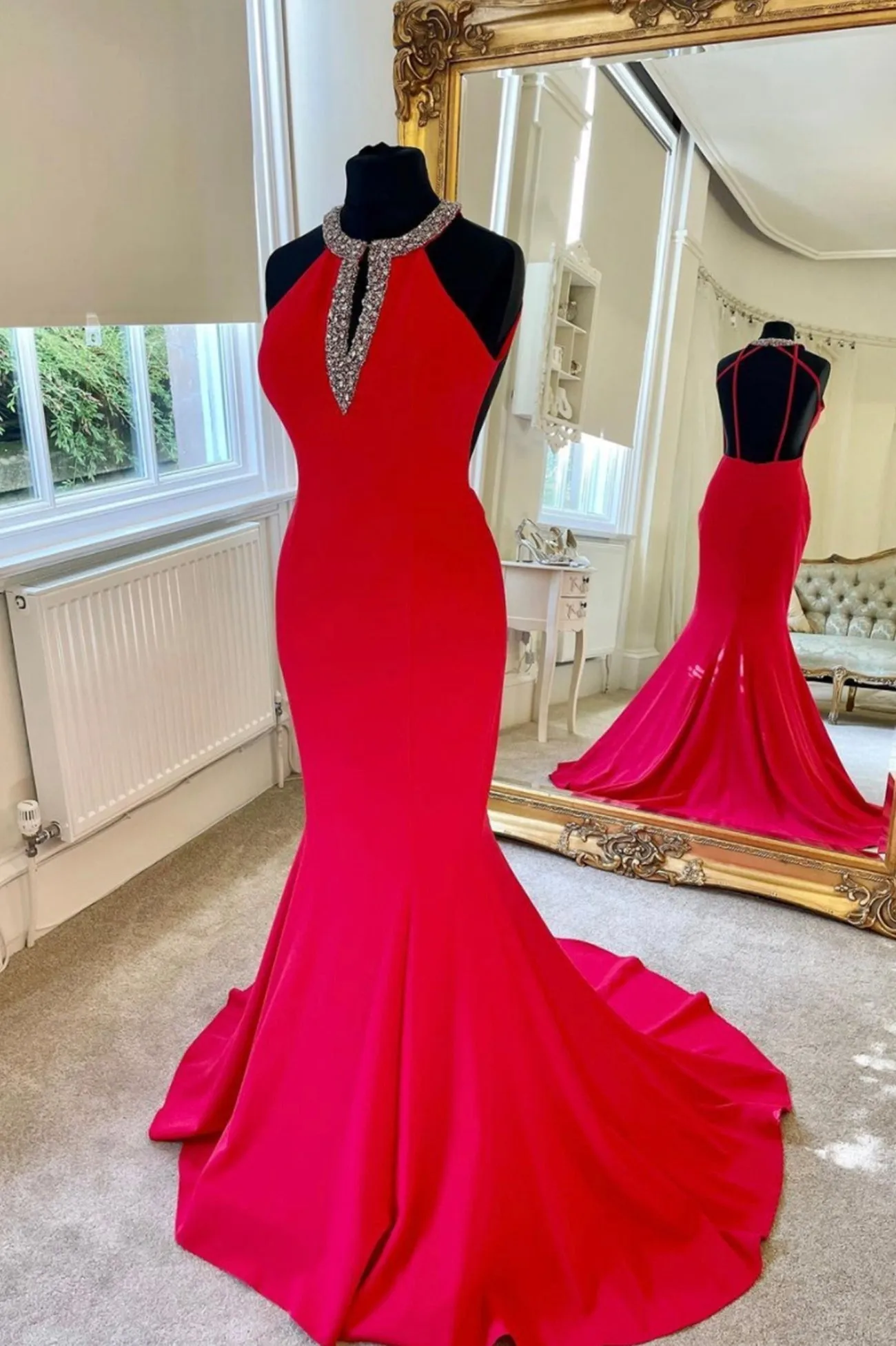 Red Backless Long Prom Dresses Mermaid Evening Dresses