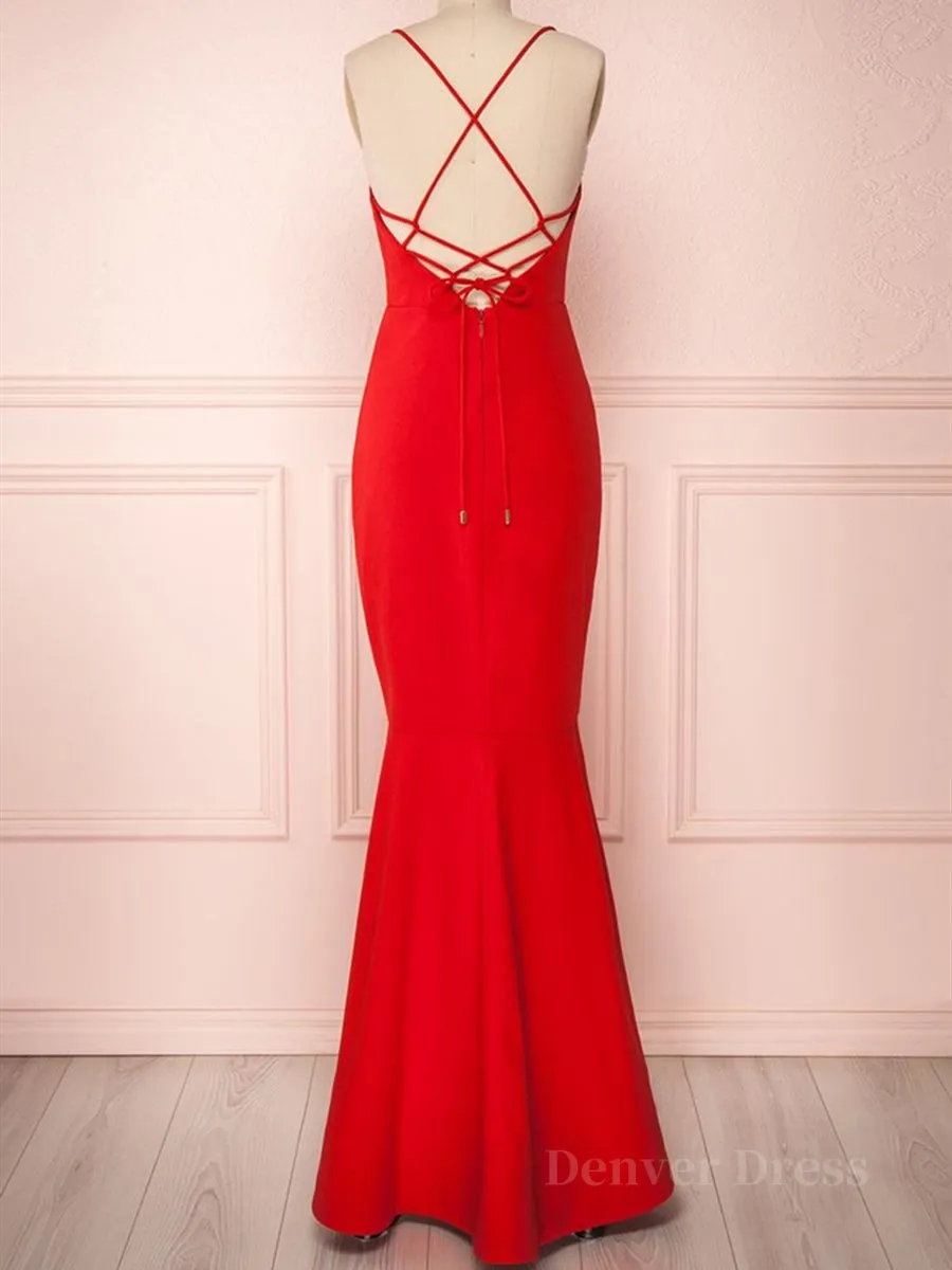 Red Thin Straps Mermaid Backless Long Prom Dresses Red Mermaid Formal Dresses Red Evening Dresses