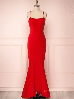 Red Thin Straps Mermaid Backless Long Prom Dresses Red Mermaid Formal Dresses Red Evening Dresses