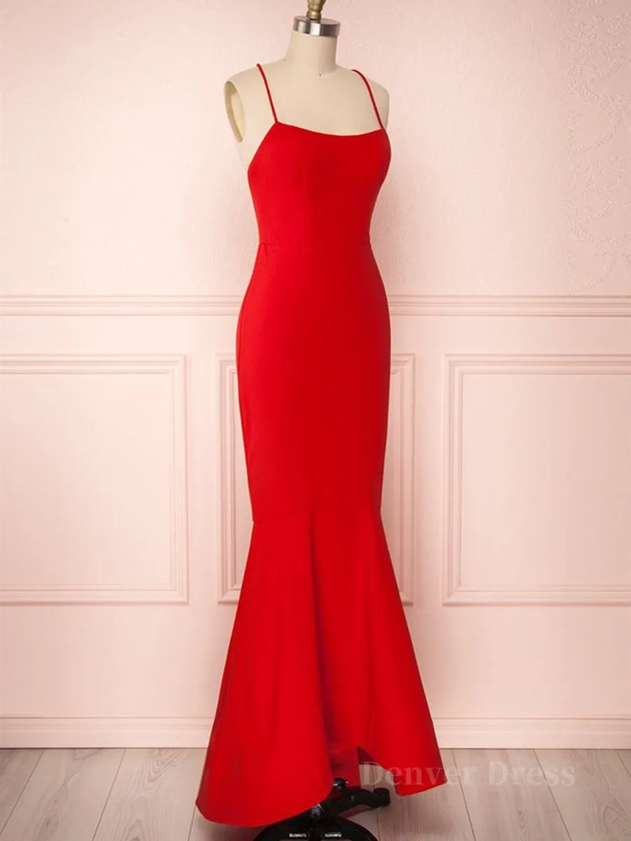 Red Thin Straps Mermaid Backless Long Prom Dresses Red Mermaid Formal Dresses Red Evening Dresses