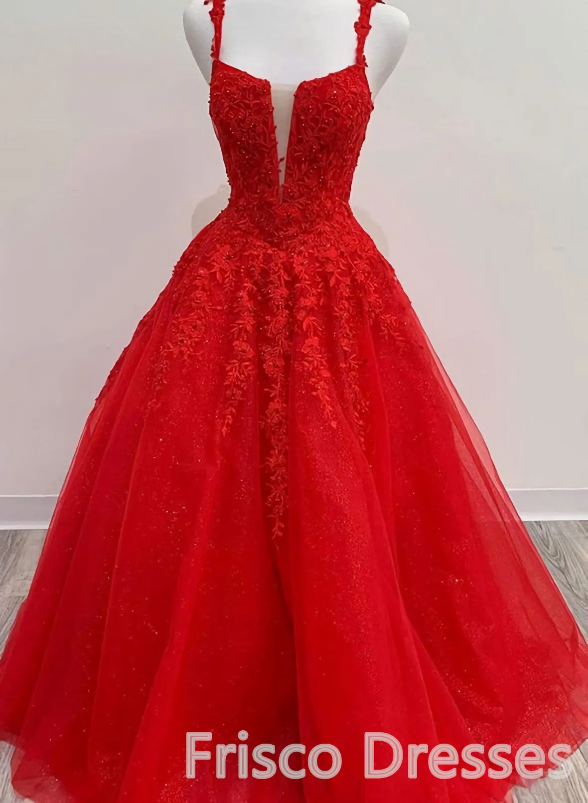 Red Tulle Lace A Line Formal Evening Dresses Appliques Long Prom Dresses