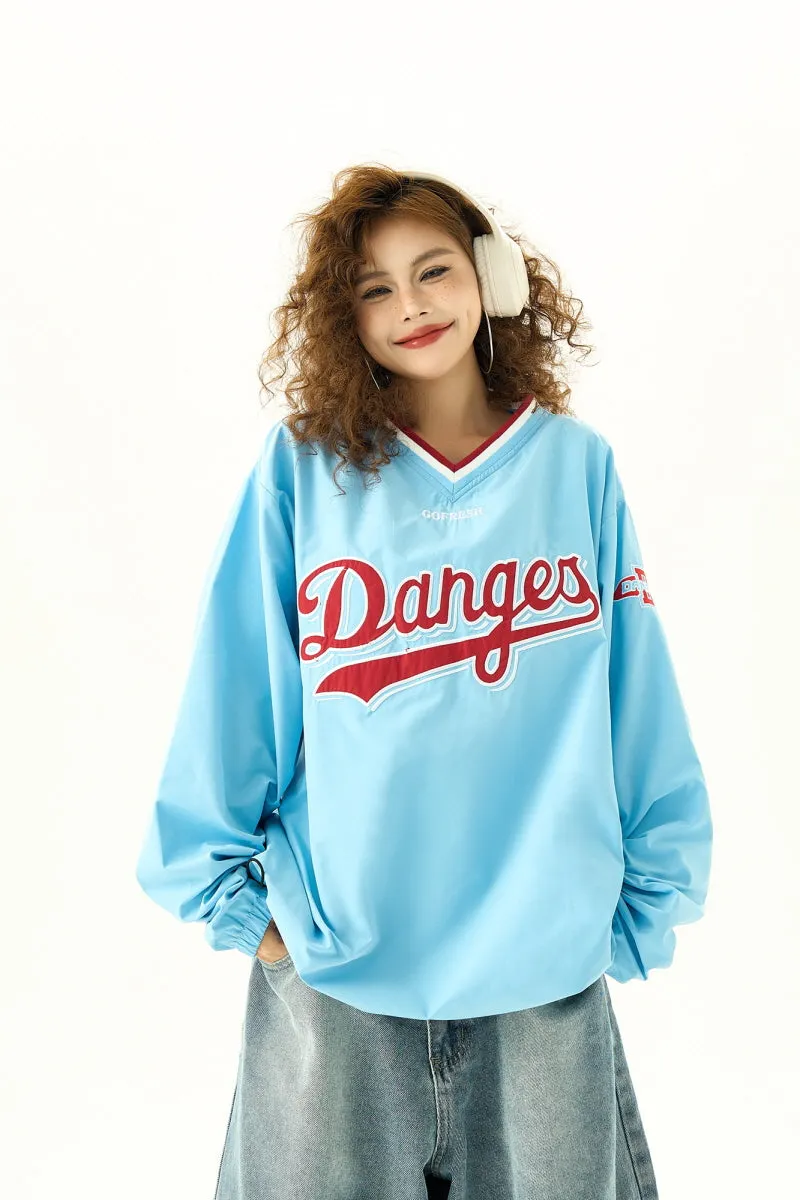 Retro V-Neck Jersey Sweatshirt Women's Loose Sports Jacket