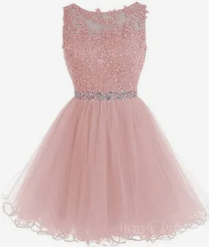 Round Neck Lace Short Pink Prom Dresses Pink Homecoming Dresses Short Pink Formal Dresses