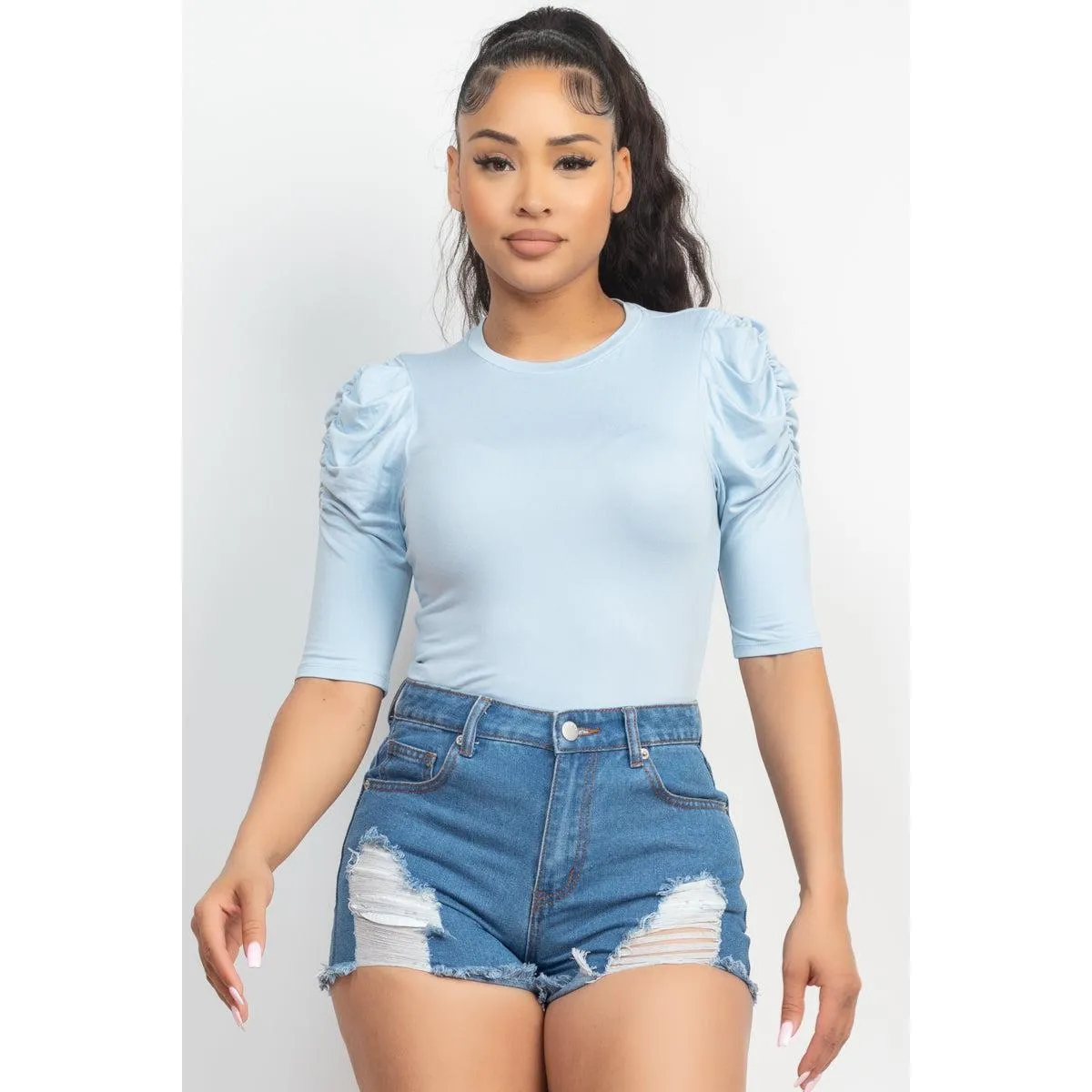 Round Neck Puff Ruched Sleeve Top