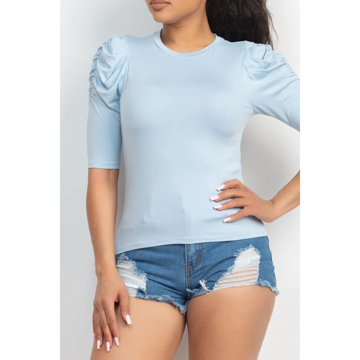 Round Neck Puff Ruched Sleeve Top