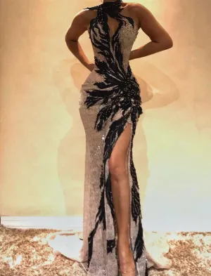 Sexy Halter Mermaid Prom Dresses | Beadings Slit Evening Gowns On Sale