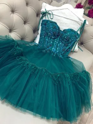 Short Green Beaded Prom Dresses, Short Green Homecoming Graduation Dresses with Beadings