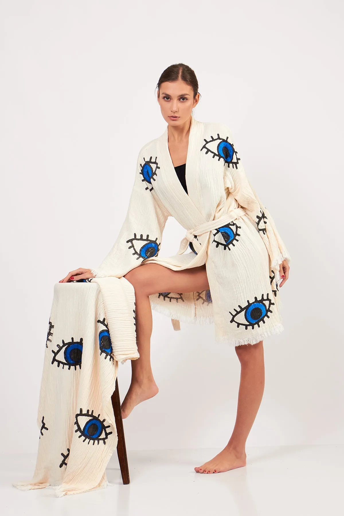 Turkish Towel and Kimono Bathrobe Set Evil Eye Design