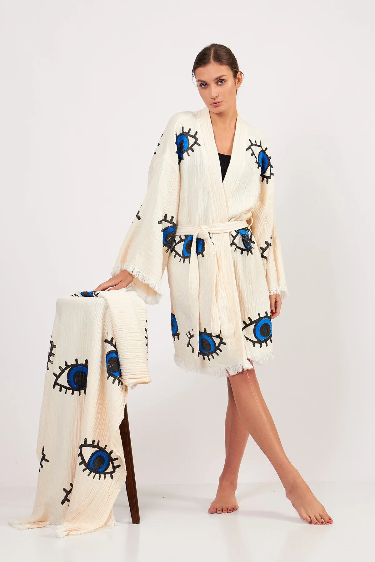 Turkish Towel and Kimono Bathrobe Set Evil Eye Design