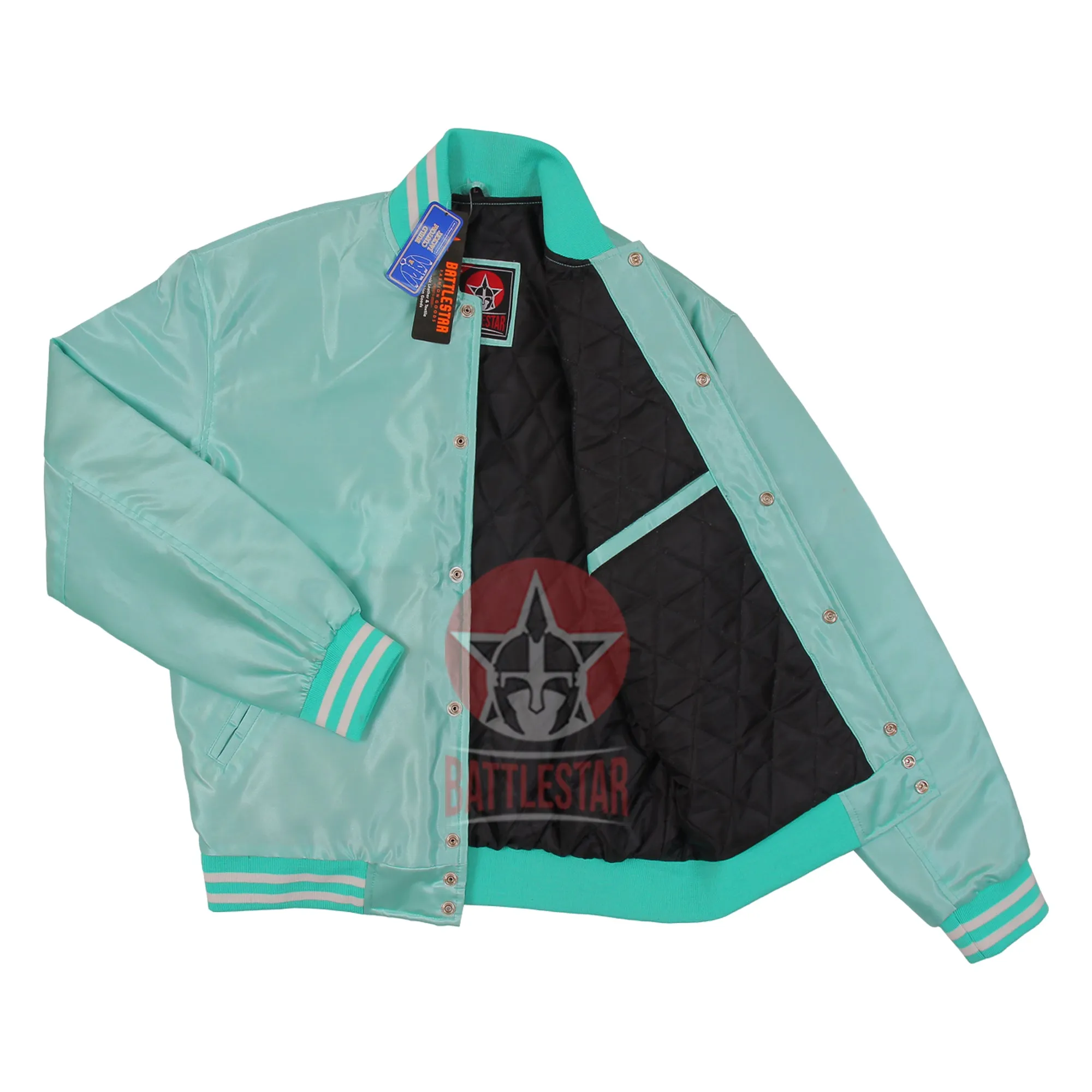 Turquoise Satin Fabric Baseball Bomber Letterman Varsity Jacket