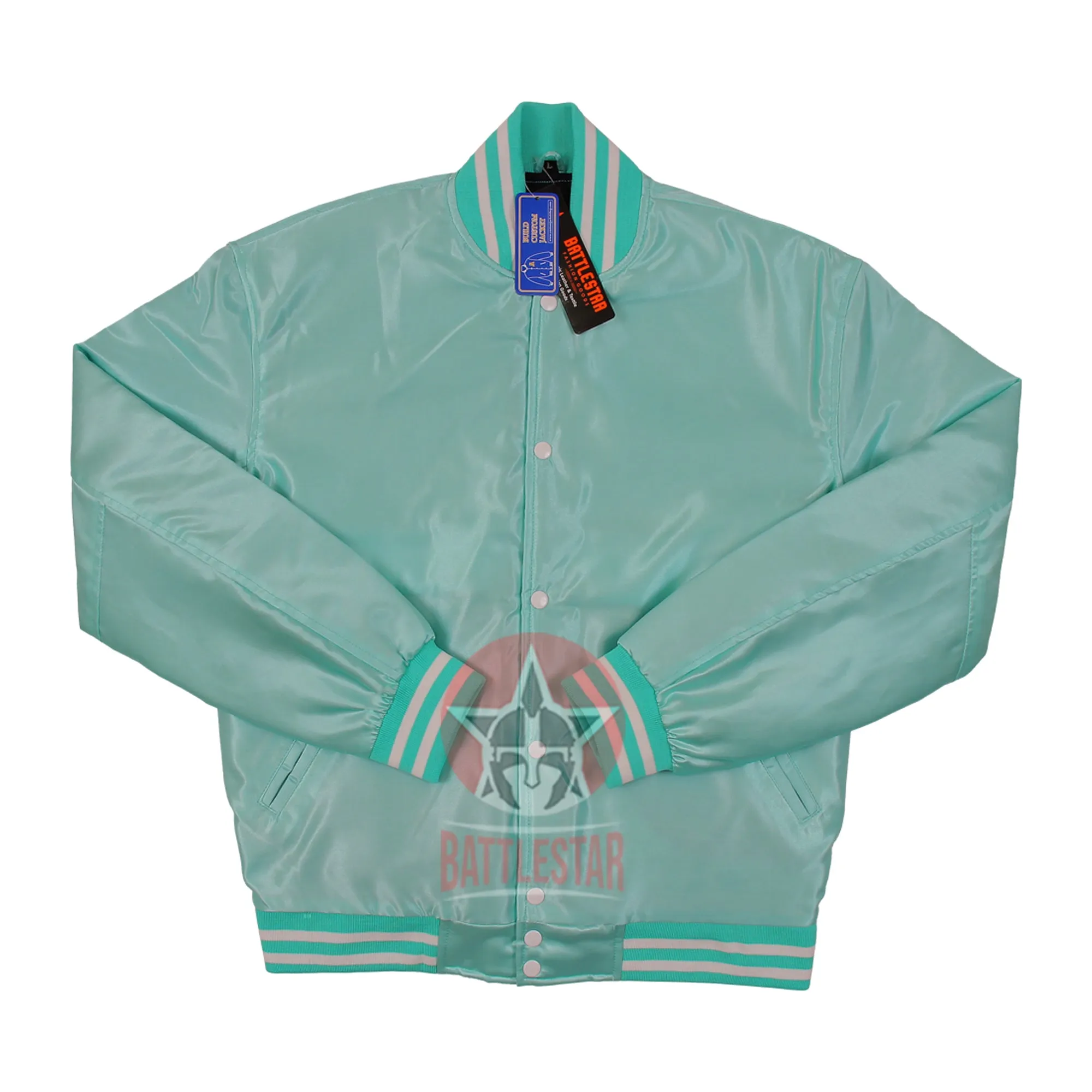 Turquoise Satin Fabric Baseball Bomber Letterman Varsity Jacket