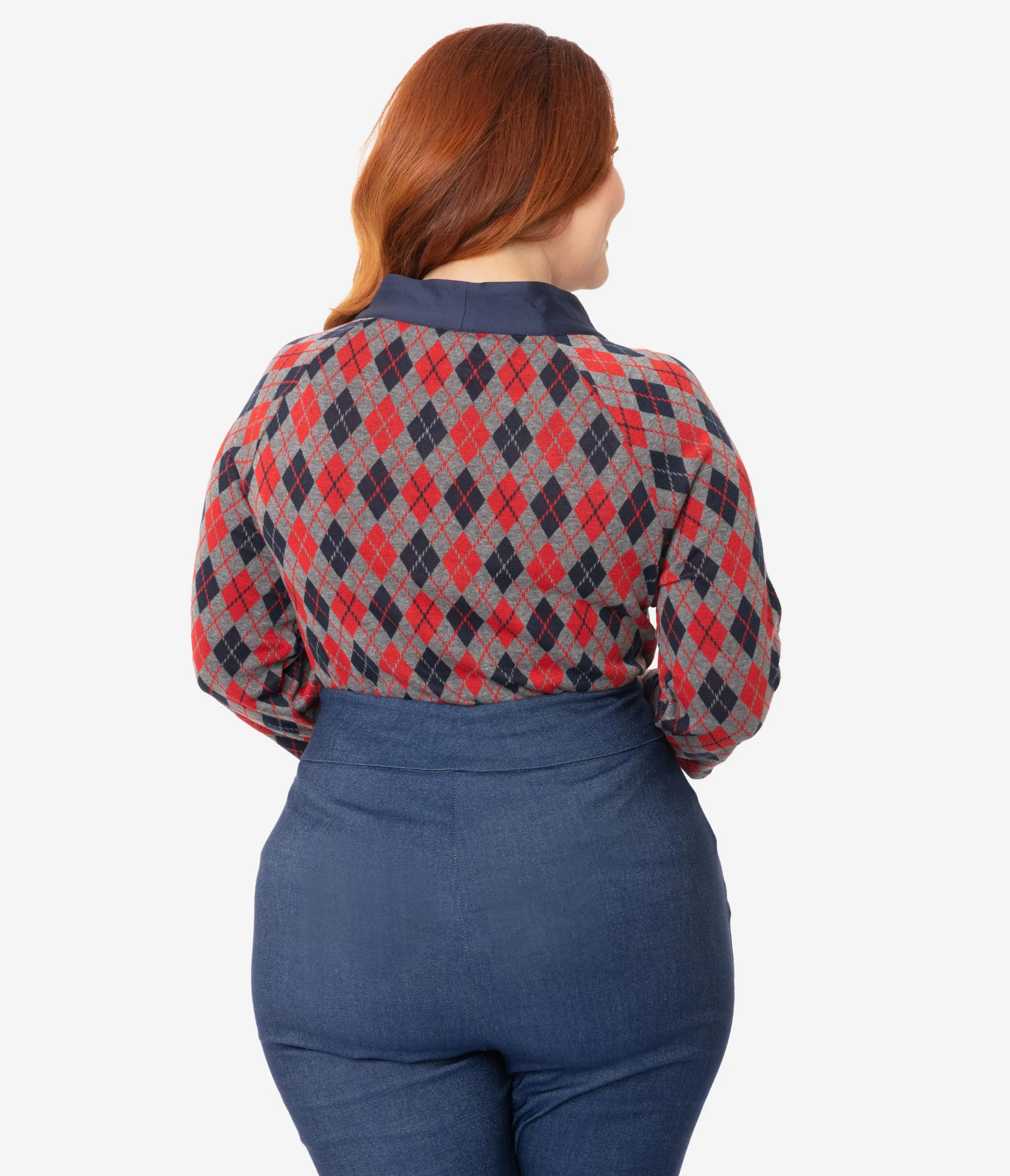 Unique Vintage Plus Size 1950s Red & Navy Argyle Bow Tie Charlotte Top