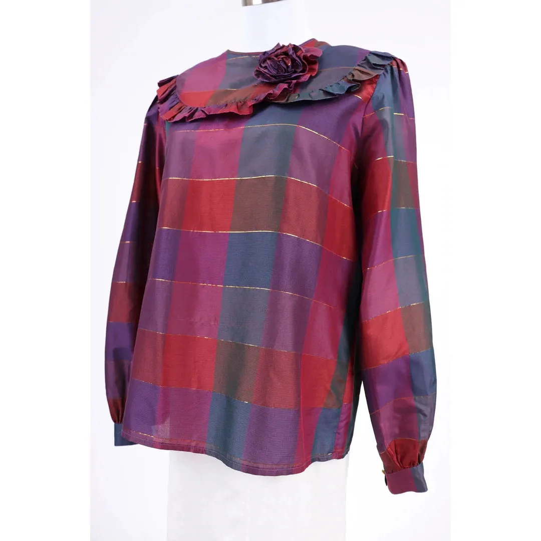 VALENTINO 1980's Purple Plaid Silk Blouse |  Size 12 - M/L