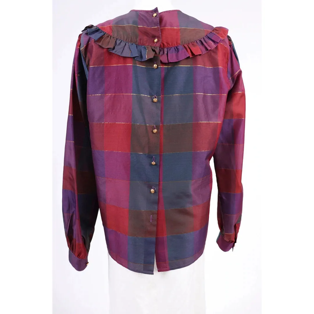 VALENTINO 1980's Purple Plaid Silk Blouse |  Size 12 - M/L