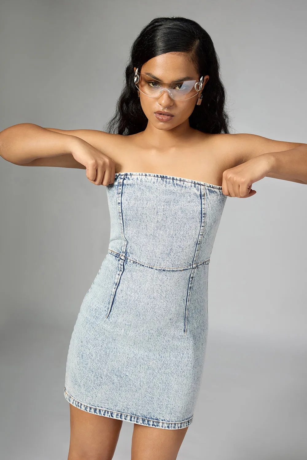 Washed Blue Denim Tube Dress