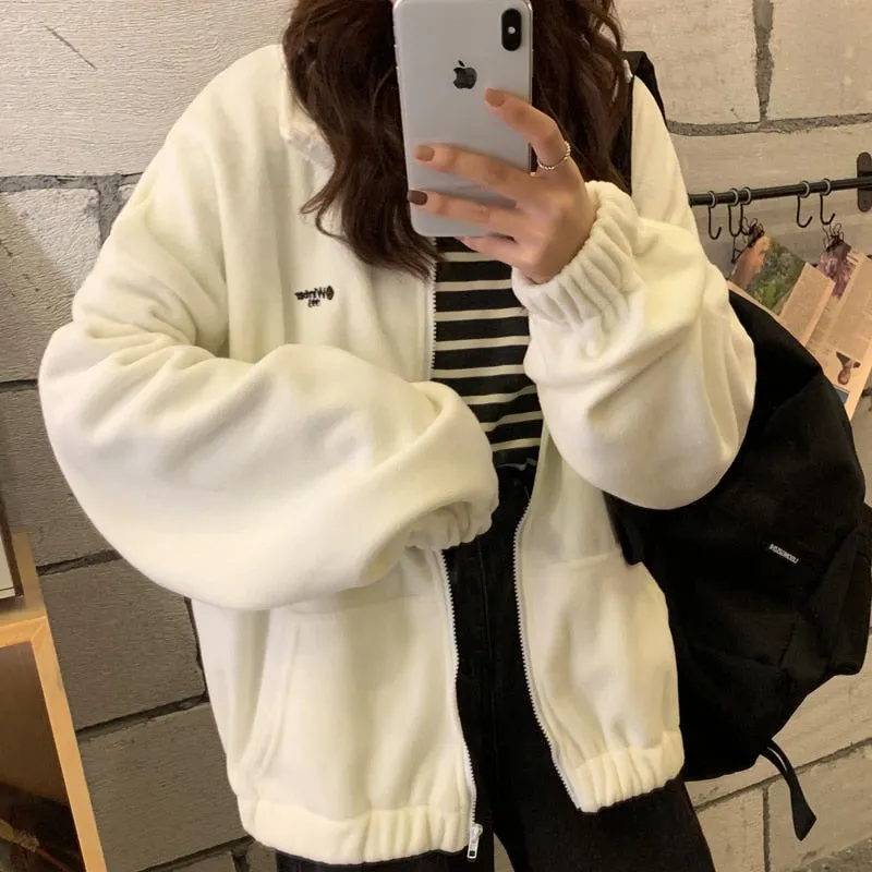 Wenkouban Loose Winter Fluffy Jackets Women Couples Unisex Warm Fleece All Match Outerwear Fashion Letter Embroidery Windbreaker Cozy Coat